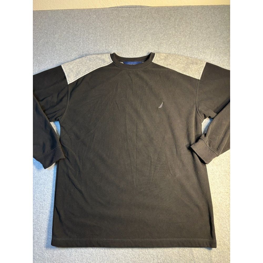 Nautica Sleep Shirt Mens Large Black Gray Fleece Long Sleeve Crew Neck Logo